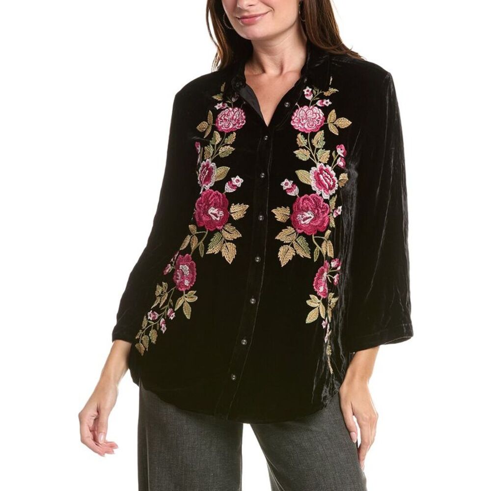 Johnny Was Womens  Kimono Sleeve Silk-Blend Shirt, Black